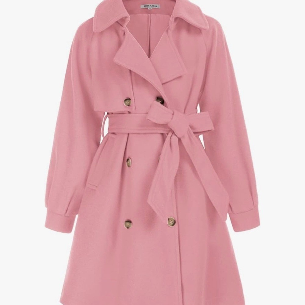 Grace Karin Pink‎ Double Breasted Trench Coat Belted Pea Coat Girls 10